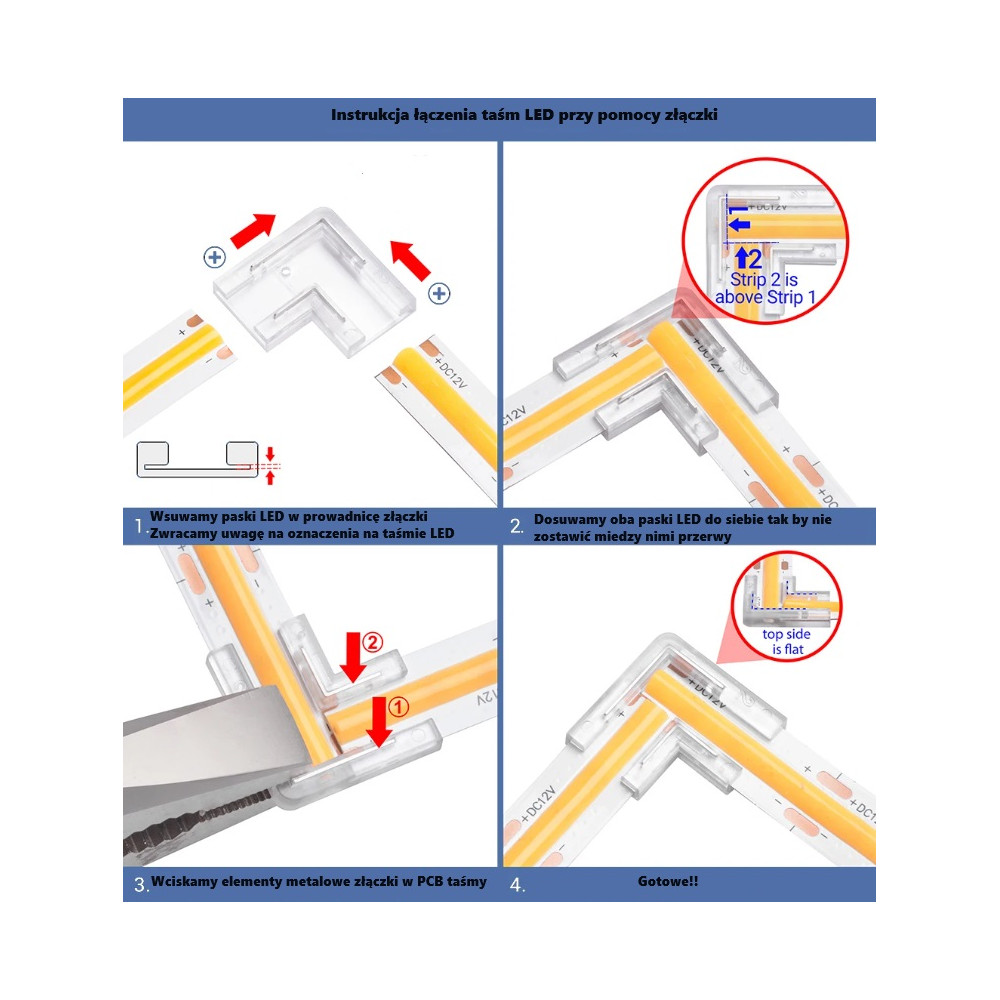 Złączka kątowa dwustronna do taśm LED COB 8mm 2PIN