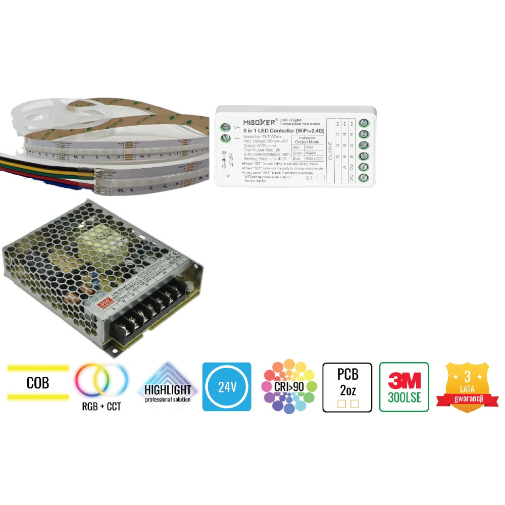 Zestaw 5m Taśma LED COB 840 chips 16W 24V RGB+CCT aplikacja