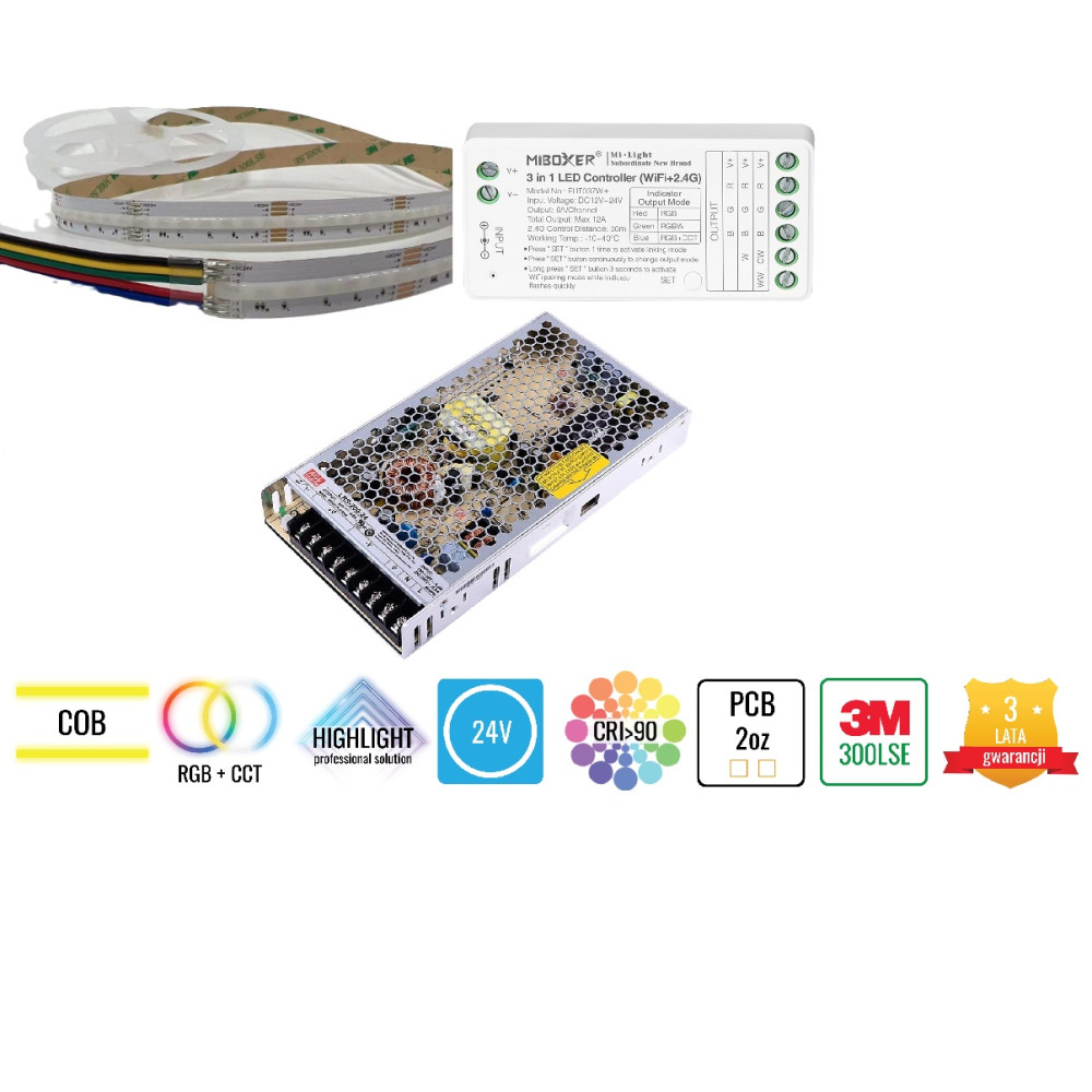 Zestaw 10m Taśma LED COB 840 chips 16W 24V RGB+CCT aplikacja