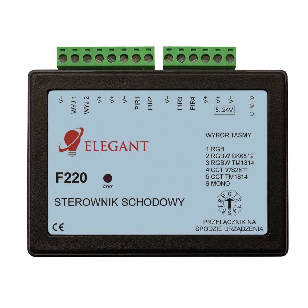 Zestaw Sterownik schodowy - korytarzowy Elegant F220 uniwersalny+ pilot + 4x czujnik ruchu FS11 z czujnikiem zmierzchu