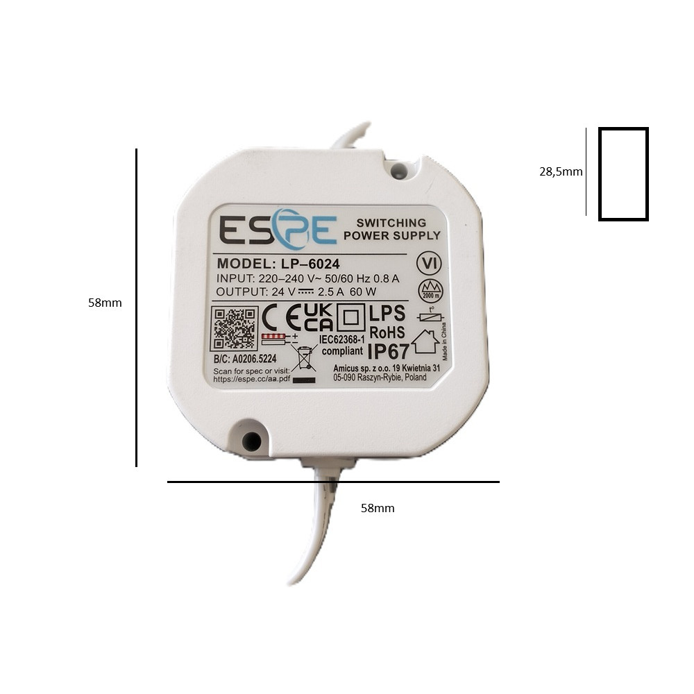 Zasilacz hermetyczny LED 2,5A 60W 24V IP67 (do puszki z kieszenią)