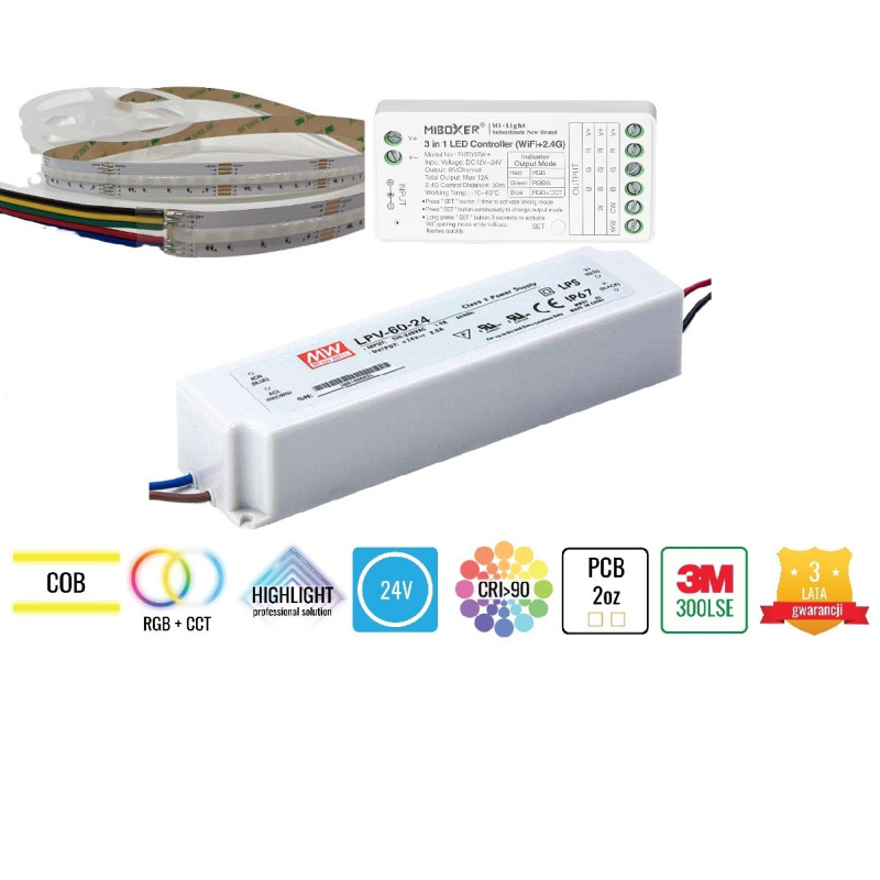 Zestaw 2,5m Taśma LED COB 840 chips 16W 24V RGB+CCT aplikacja