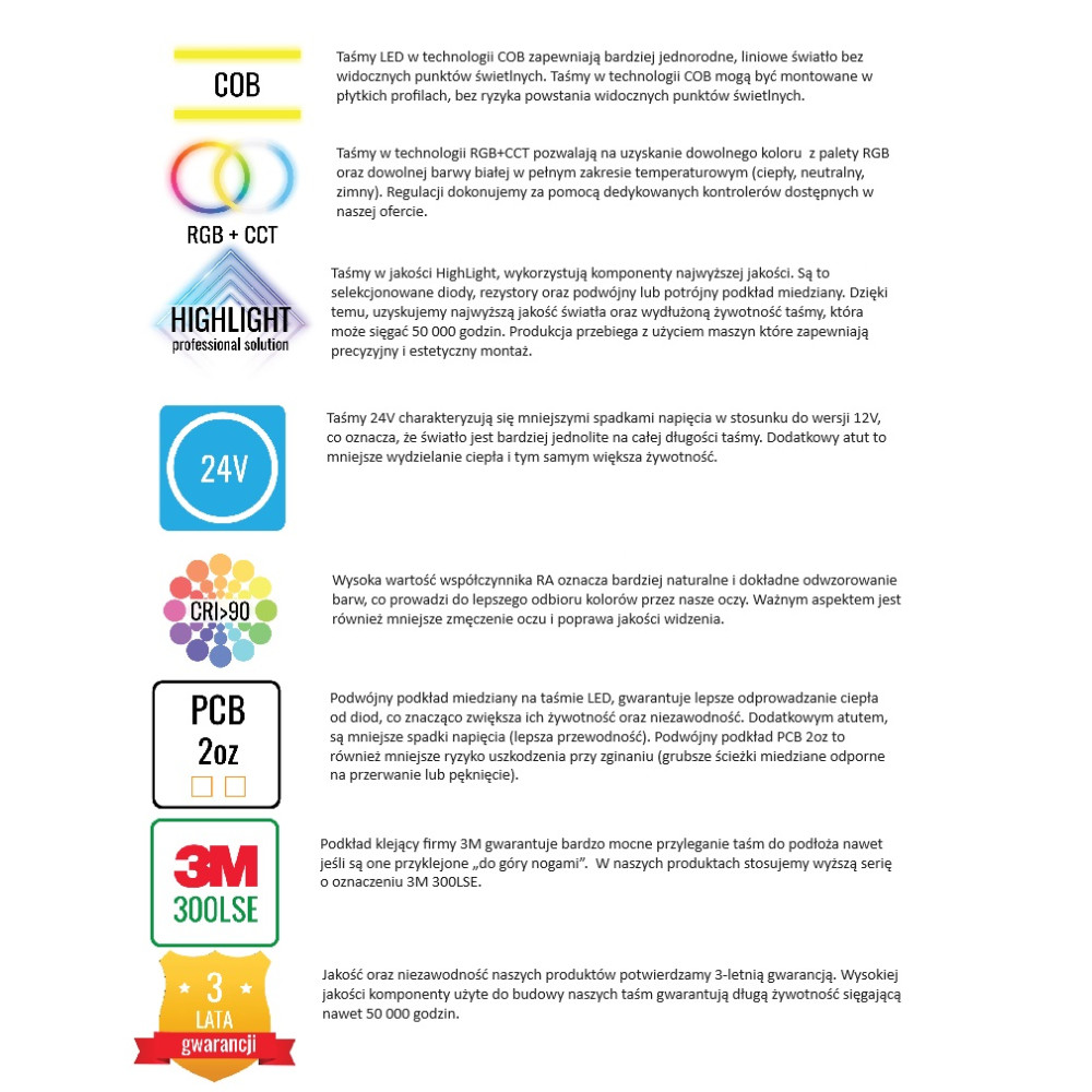 Zestaw 10m Taśma LED COB 840 chips 16W 24V RGB+CCT aplikacja