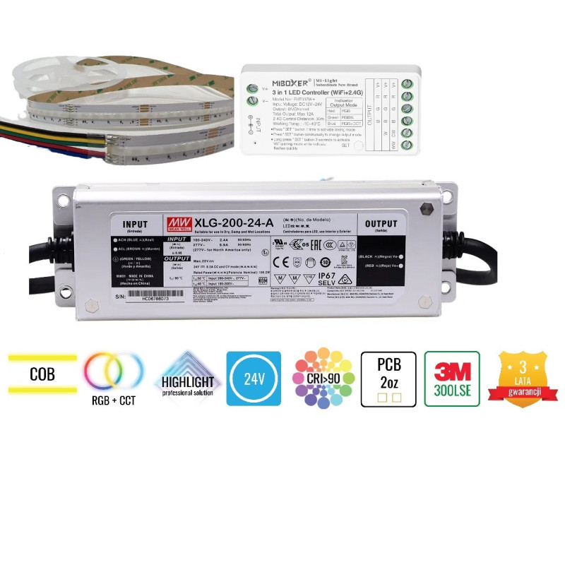 Zestaw 15m Taśma LED COB 840 chips 16W 24V RGB+CCT aplikacja