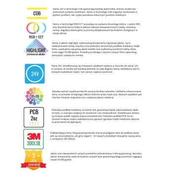 Zestaw 20m Taśma LED COB 840 chips 16W 24V RGB+CCT aplikacja