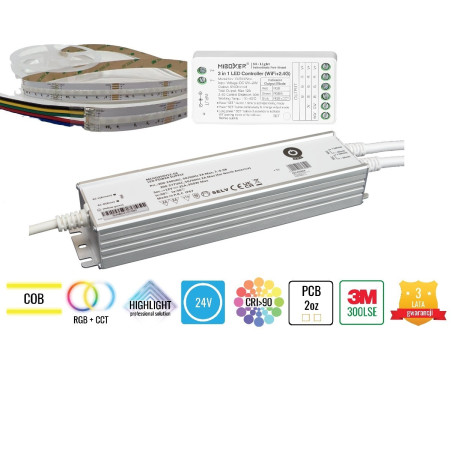 Zestaw 20m Taśma LED COB 840 chips 16W 24V RGB+CCT aplikacja