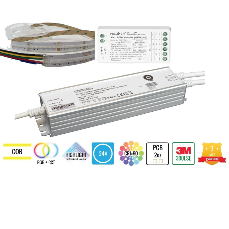 Zestaw 27,5m Taśma LED COB 840 chips 16W 24V RGB+CCT aplikacja