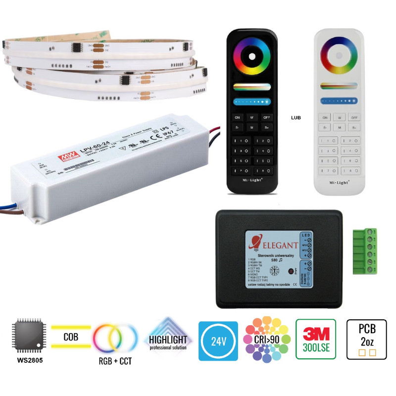 2,5m zestaw LED cyfrowy muzyczny COB RGB+CCT 20W 24V WS2805 840 LED/m