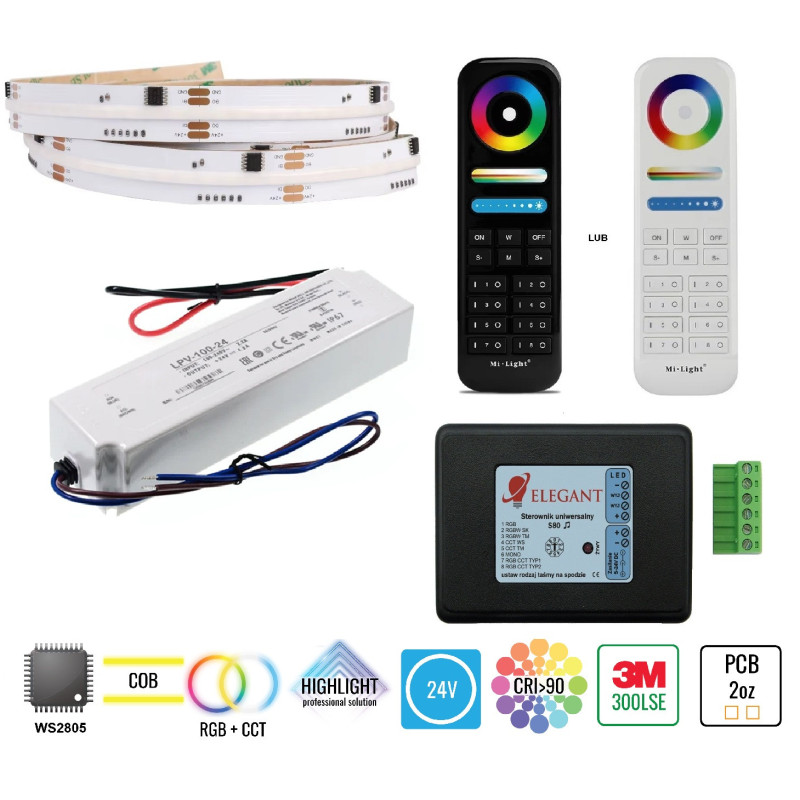 5m zestaw LED cyfrowy muzyczny COB RGB+CCT 20W 24V WS2805 840 LED/m