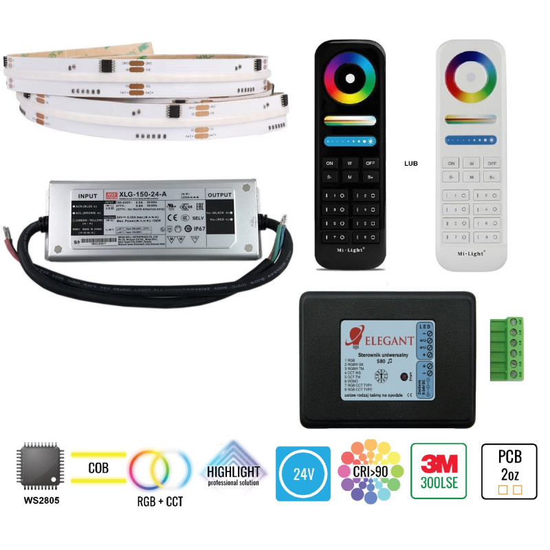 7,5m zestaw LED cyfrowy muzyczny COB RGB+CCT 20W 24V WS2805 840 LED/m